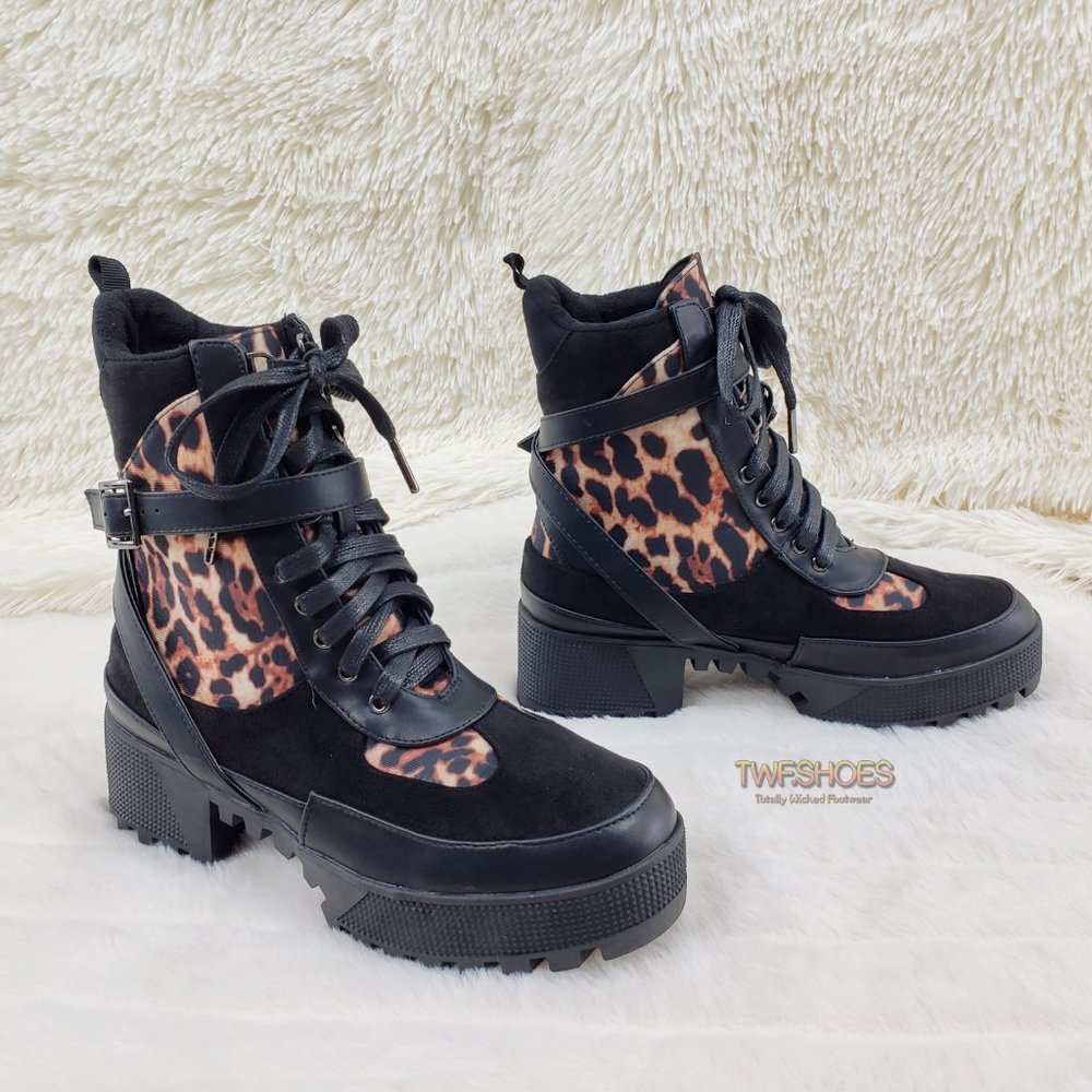 Chase Lug Sole Combat Ankle Boot Black Leopard - Picture 3 of 10